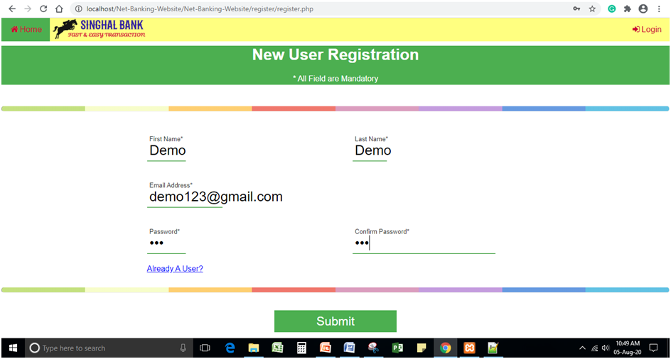 Registration page for New User